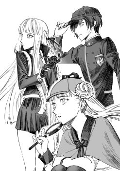 1boy 2girls absurdres black_bow black_gloves black_hair black_skirt bow braid braided_ponytail closed_mouth creator_connection crossover crouching danganronpa:_trigger_happy_havoc danganronpa_(series) danganronpa_v3:_killing_harmony deerstalker eyelashes fingernails gloves greyscale hat highres kirigiri_kyoko long_hair long_sleeves magnifying_glass monochrome multiple_girls neck_ribbon necktie open_mouth pleated_skirt ribbon saihara_shuichi simple_background skirt standing the_hundred_line_-last_defense_academy- tsukumo_kako twintails white_background