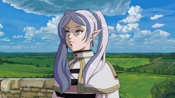 1girl animated breasts capelet closed_mouth commentary dress earrings elf english_commentary falling floating_earrings frieren green_eyes jewelry long_hair long_sleeves meme otaking parted_bangs pointy_ears purple_pupils smile soles solo sousou_no_frieren stirrup_legwear tagme teardrop_earrings toeless_legwear toes twintails upward_angle_frieren_drawing_(meme) video white_capelet white_hair