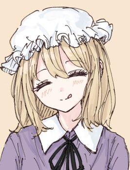 1girl :p black_ribbon blonde_hair blush closed_eyes collar commentary dress dress_ribbon hair_between_eyes happy hat kashiwada_kiiho long_dress maribel_hearn medium_hair mob_cap purple_dress ribbon simple_background tongue tongue_out touhou white_collar white_hat