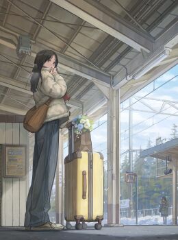 2girls absurdres bag black_eyes black_hair book bouquet brown_bag commentary_request day denim down_jacket flower highres holding holding_book jacket jeans looking_to_the_side multiple_girls original outdoors pants red_scarf rolling_suitcase scarf shopping_bag solo_focus standing suitcase train_station train_station_platform tree utaka_(anyoanyot) utility_pole white_jacket