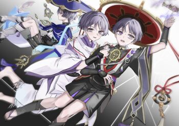 Rule 34 | 3girls, anemo symbol (genshin impact), aqua gemstone, arm up, armor, barefoot, bell, black bodysuit, black bow, black bridal gauntlets, black sandals, black sleeves, blue cape, blue hat, blue kimono, blunt ends, bodysuit, bow, bridal gauntlets, cape, closed mouth, clothing cutout, doll, eyelashes, eyeliner, eyeshadow, feathers, furisode, gem, genshin impact, gnosis (genshin impact), gold, gold trim, grey hair, hakama, hakama shorts, half-closed eyes, hand on another&#039;s shoulder, hand on own stomach, hat, highres, hip vent, holding, holding stuffed toy, japanese armor, japanese clothes, jewelry, jingasa, juban, kariginu, kimono, kote, kurokote, layered shorts, layered sleeves, leg warmers, looking at object, looking at viewer, looking to the side, looking up, makeup, mandarin collar, mitsudomoe (shape), monochrome background, multiple girls, multiple persona, neck ring, nervous sweating, open mouth, pants, pelvic curtain, pleated shorts, pom pom (clothes), purple kimono, purple lightning, purple rope, purple shorts, purple sleeves, reaching, red eyeliner, red eyeshadow, red hat, rope, runn0524, sandals, scaramouche (genshin impact), scaramouche (kabukimono) (genshin impact), shimenawa, short sleeves, shorts, shoulder cutout, smile, string, stuffed animal, stuffed toy, sweat, tareme, tassel, tearing up, tears, teeth, toenails, toes, tomoe (symbol), tulaytullah&#039;s remembrance (genshin impact), wanderer (genshin impact), white kimono, white leg warmers, white pants, white rope, white sleeves, white trim, wide sleeves, wispy bangs, yellow feathers, zouri