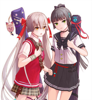 15taruhito 2girls alternate_costume black_hair black_sailor_collar black_skirt bow brown_skirt cardigan_vest choker green_eyes grey_hair hair_bow hair_ribbon heaven_burns_red highres long_hair looking_at_viewer multiple_girls natsume_inori ogasawara_hisame orange_eyes plaid_clothes plaid_skirt pleated_skirt ponytail ribbon sailor_collar school_uniform serafuku shirt short_sleeves simple_background skirt sweater_vest twintails very_long_hair weapon_bag white_background white_shirt wristband yellow_eyes