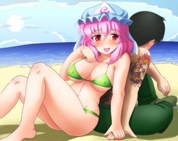 1boy 1girl artist_self-insert bad_id bad_pixiv_id beach bikini black_hair blush breasts cameo ganesha holding_hands hat hetero large_breasts pink_hair red_eyes saigyouji_yuyuko shin'en-san_(shin'en) shin'en_(gyokuro_company) short_hair swimsuit touhou triangular_headpiece