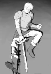 Rule 34 | 1boy, armor, bleeding, blood, blood on leg, boots, bracer, cuts, dungeon meshi, gradient background, grey background, greyscale, highres, holding, holding sword, holding weapon, injury, laios touden, looking at viewer, male focus, monochrome, pants, pauldrons, short hair, shoulder armor, simple background, sitting, sword, very short hair, weapon, zarame pfpf