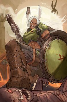 Rule 34 | 1boy, 1girl, 1other, abs, absurdres, amputee, animal ear fluff, animal ears, armor, armored boots, boku no hero academia, boots, breastplate, brown boots, brown shorts, commentary, cosplay, crossover, dark-skinned female, dark skin, demon, doom: the dark ages, doom (series), doomguy, doomguy (cosplay), dragon, english commentary, fang, floating hair, foreshortening, gun, highres, holding, holding gun, holding shield, holding weapon, imp (doom), lava, lazy ikeda, long eyelashes, long hair, lying, mirko, muscular, muscular female, navel, open mouth, outdoors, parted bangs, prosthesis, prosthetic ear, prosthetic leg, rabbit ears, rabbit girl, red eyes, shield, shorts, shoulder spikes, smile, spiked boots, spikes, stepped on, stomach, triple-barreled shotgun, turning head, weapon, white hair