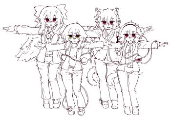 4girls alternate_costume animal_ears balming_tiger bird_wings black_hairband bow braid cat_ears cat_tail commentary_request extra_ears full_body green_eyes hair_bow hairband heart highres kaenbyou_rin komeiji_koishi komeiji_satori korean_commentary korean_text lightning_bolt_symbol long_hair long_sleeves multiple_girls multiple_tails outstretched_arms pants partially_colored pointy_ears rampa93 red_eyes reiuji_utsuho shirt shoes short_hair side_braids sidelocks smile t-pose tail third_eye touhou twin_braids two_tails unfinished wings