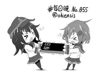 >_< 2girls akatsuki_(kancolle) anchor_symbol catfight chibi commentary_request fang flying_sweatdrops folder greyscale hair_ornament hairclip hat ikazuchi_(kancolle) kantai_collection monochrome multiple_girls ohiensis pantyhose peaked_cap pulling school_uniform serafuku thighhighs translation_request