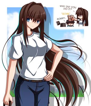 1boy 1girl anger_vein aozaki_aoko belt blue_eyes breasts brown_hair chibi chibi_inset denim hair_intakes highres hitting jeans long_hair looking_at_viewer mahou_tsukai_no_yoru pants rolling_suitcase sakurello scene_reference shirt solo solo_focus suitcase tohno_shiki tsukihime type-moon very_long_hair white_shirt