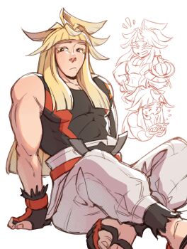 1boy absurdres arm_support belt black_gloves black_sandals blonde_hair blunt_bangs brown_eyes closed_eyes colored_eyelashes commentary crossed_legs english_commentary fingerless_gloves full_body gen_4_pokemon gloves hand_on_own_hip hands_up highres ivor_(pokemon) long_hair looking_to_the_side male_focus multiple_views muscular muscular_male nintendo notice_lines pants partially_colored pokemon pokemon_legends:_z-a puffy_pants red_belt rotom rotom_phone sandals shirt sitting skin_tight sleeveless sleeveless_shirt smile teliivision thumbs_up white_background white_pants