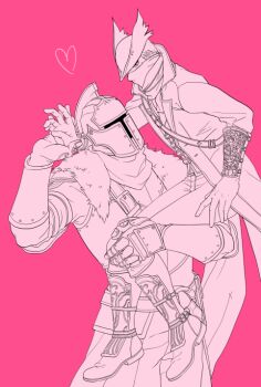 2boys armor bearer_of_the_curse bloodborne boots breastplate bridal_gauntlets carrying carrying_person coat commentary_request cowboy_shot crossover dark_souls_(series) dark_souls_ii full_body fur_collar hat helm helmet hunter_(bloodborne) looking_at_another male_focus monochrome multiple_boys pants pink_theme scarf shirt short_hair simple_background suou_yuuchi yaoi