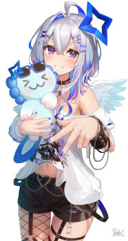 1girl absurdres ahoge amane_kanata amane_kanata_(cutesy_punk) animal asymmetrical_legwear axolotl black_choker black_shorts blue_eyes blue_hair blue_nails bracelet breasts chain character_print choker commentary grey_hair hair_ornament hairclip heart heart_o-ring highres holding holding_animal hololive jewelry long_hair looking_at_viewer midriff_peek mismatched_legwear multicolored_hair nail_polish nanaushi navel o-ring o-ring_thigh_strap off-shoulder_shirt off_shoulder pink_hair self_character_print shirt short_shorts short_sleeves shorts signature single_fishnet_legwear small_breasts smile solo standing thigh_strap upao_(amane_kanata) virtual_youtuber wavy_hair white_background white_shirt x_hair_ornament