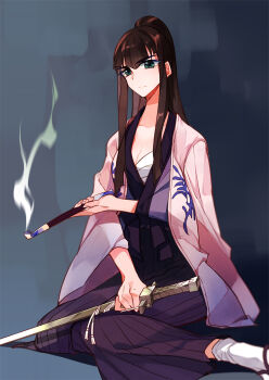 Rule 34 | 1girl, bakuzan, blue eyes, breasts, cleavage, hakama, highres, japanese clothes, kill la kill, kimono, kiryuuin satsuki, kiseru, sandals, sarashi, sitting, smoking, smoking pipe, solo focus, sword, tabi, thick eyebrows, toashi (a1358449), updo, weapon