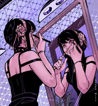 1girl applying_eyeliner applying_makeup artist_name bare_shoulders black_dress black_eyeliner black_hair breasts dagger dress earrings eyeliner flower gold_earrings gold_hairband hair_between_eyes hair_flower hair_ornament hair_stick hairband hashtag-only_commentary holding holding_weapon jewelry knife looking_at_mirror makeup medium_breasts mirror plant red_eyes rogerwitt sidelocks solo spy_x_family stiletto_(weapon) updo upper_body weapon yor_briar