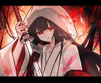 Rule 34 | 1girl, absurdres, black hair, blood, blood on face, bloody tears, bridal veil, commentary, crying, crying with eyes open, highres, holding, holding sword, holding weapon, hood, japanese clothes, katana, kimono, limbus company, long hair, long sleeves, looking at viewer, open mouth, project moon, red eyes, red rope, rope, ryoshu (project moon), see-through clothes, shiromuku, solo, ssrg itk, string, sword, symbol-only commentary, tears, twitter username, uchikake, veil, wataboushi, weapon, white kimono, wide sleeves