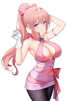 1girl absurdres arm_strap black_pantyhose blue_eyes bow breasts character_request cleavage closed_mouth collarbone commentary dopamine70 gloves hair_bow halterneck highres large_breasts long_hair looking_at_viewer mabinogi pantyhose pink_bow pink_hair ponytail simple_background solo standing symbol-only_commentary white_background white_gloves