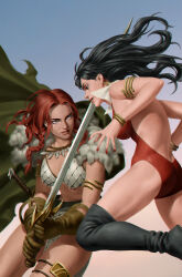 Rule 34 | 2girls, armor, bikini armor, black footwear, black hair, blue background, breasts, brown gloves, cape, collar, crossover, earrings, fur-trimmed cape, fur trim, gloves, gold bracelet, gradient background, green cape, highres, holding, holding sword, holding weapon, jewelry, large breasts, long hair, looking at another, multiple girls, one-piece swimsuit, red hair, red nails, red one-piece swimsuit, red sonja, red sonja (comics), swimsuit, sword, vampirella, vampirella (character), weapon, white collar, white footwear, yoon junggeun