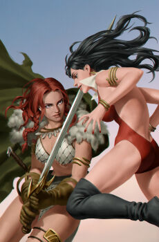 2girls armor bikini_armor black_footwear black_hair blue_background bracelet breasts brown_gloves cape collar crossover earrings fur-trimmed_cape fur_trim gloves gold_bracelet gradient_background green_cape highres holding holding_sword holding_weapon jewelry large_breasts long_hair looking_at_another multiple_girls one-piece_swimsuit red_hair red_nails red_one-piece_swimsuit red_sonja red_sonja_(comics) swimsuit sword vampirella vampirella_(character) weapon white_collar white_footwear yoon_junggeun