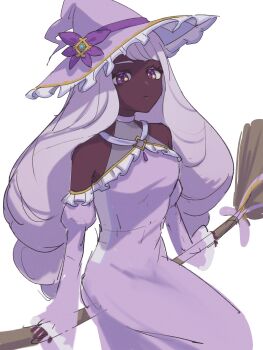 1girl alternate_costume bare_shoulders broom broom_riding colored_eyelashes dark-skinned_female dark_skin detached_sleeves dress expressionless hat hat_ornament highres jacinthe_(pokemon) long_hair long_sleeves looking_at_viewer low_drills nintendo pokemon pokemon_legends:_z-a purple_dress purple_eyes purple_hair purple_hat saba_chimera sitting sleeves_past_wrists very_dark_skin wide_sleeves witch witch_hat