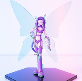 1girl :d belt bikini boots breasts butterfly_hair_ornament butterfly_wings chinese_commentary cleavage commentary covered_eyes digimon digimon_(creature) elbow_gloves facial_mark fairimon faux_figurine full_body garter_straps gloves grey_gloves hair_ornament hairband hand_on_own_hip head-mounted_display highres insect_wings long_hair medium_breasts navel noboyasm2000 open_mouth parted_bangs purple_arm_warmers purple_belt purple_bikini purple_boots purple_hair purple_hairband reflection shoulder_pads skindentation smile solo standing stomach strapless strapless_bikini swimsuit thigh_boots wings