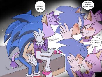 1boy 1girl animal_ears artist_name blaze_the_cat blue_fur blush cat_ears cat_girl cat_tail fur-trimmed_gloves fur-trimmed_shoes fur_trim furry furry_female furry_male gloves green_eyes high_heels kiss pink_shoes purple_fur shoes sonic_(series) sonic_the_hedgehog speech_bubble tail white_gloves yellow_eyes yeonwu08