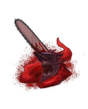 1boy blood blood_splatter bloody_weapon chainsaw chainsaw_devil chainsaw_man chiyo_(chiyo_okyk) head_only intestine_clothing intestines no_eyes open_mouth red_scarf scarf sharp_teeth simple_background solo solo_focus spikes teeth weapon white_background