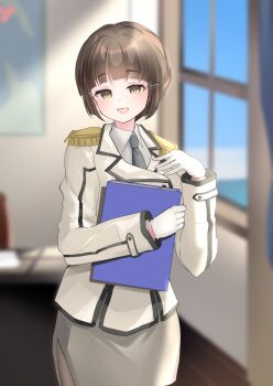 Rule 34 | 1girl, black hair, blush, breasts, brown eyes, brown hair, buttons, collared shirt, commentary request, cosplay, day, double-breasted, epaulettes, gloves, hair bun, hair ornament, hairclip, harusatomi, highres, jacket, kantai collection, katori (kancolle), katori (kancolle) (cosplay), long hair, looking at viewer, military uniform, miniskirt, myoukou (kancolle), necktie, office, pantyhose, shirt, single hair bun, skirt, smile, solo, speech bubble, white gloves, window