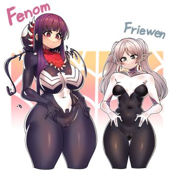 2girls absurdres armpit_crease black_bodysuit bodysuit breasts cameltoe character_name closed_mouth cosplay covered_navel cropped_legs elf eyebrows_hidden_by_hair fern_(sousou_no_frieren) frieren gintm green_eyes hand_on_own_stomach highres large_breasts long_hair looking_down marvel multicolored_bodysuit multiple_girls pointy_ears purple_bodysuit purple_hair red_eyes small_breasts sousou_no_frieren spider-gwen spider-gwen_(cosplay) two-tone_bodysuit venom_(marvel) venom_(marvel)_(cosplay) white_bodysuit white_hair wide_hips