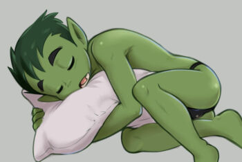 1boy ass bare_hips bare_legs barefoot beast_boy_(dc) bikini_briefs black_male_underwear bulge closed_eyes colored_skin commentary dandi dc_comics elementary_school_age english_commentary green_hair green_skin grey_background hugging_object lying male_focus male_underwear on_side open_mouth pillow pillow_hug pointy_ears shota sleeping solo teen_titans topless_male underwear underwear_only