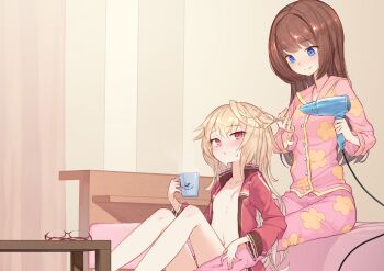 Rule 34 | 2girls, between legs, blonde hair, blue eyes, blush, breasts, brown hair, closed mouth, collarbone, commentary request, cup, dripping, drying, drying another's hair, drying hair, hair dryer, highres, holding, holding another's hair, holding cup, indoors, jacket, long hair, mugendo saki, multiple girls, naked jacket, navel, on bed, otori ai, pajamas, pink pajamas, red eyes, sitting, small breasts, smile, table, unworn eyewear, wet, wet hair, wire, yamadori seika, yumeutsutsu re:master, yuri