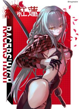 1girl absurdres body_chain bodysuit checkered_clothes checkered_shrug clothing_cutout goddess_of_victory:_nikke highres hooded_shrug inugressive latex latex_bodysuit official_alternate_costume racer&#039;s_high_(stellar_blade) red_shrug scarlet_(nikke) scarlet_(racer&#039;s_high)_(nikke) shift_up shrug_(clothing) sideless_outfit solo stellar_blade thigh_cutout