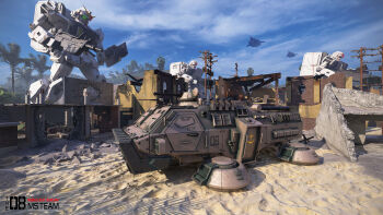 3d absurdres aircraft ammunition_box armored_personnel_carrier armored_vehicle army backpack bag blue_sky building cannon commentary damaged desert dirty dust earth_federation english_commentary english_text flying gatling_gun ground_gundam gundam gundam_08th_ms_team highres hovercraft machinery mecha michaellee4 military mobile_suit motor_vehicle no_humans realistic robot ruins science_fiction sky turret type_74_(gundam) war watercraft