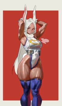1girl absurdres animal_ears armpits arms_up bare_shoulders boku_no_hero_academia border breasts clothing_cutout commentary covered_abs covered_navel crescent_print dark-skinned_female dark_skin english_commentary fur_collar gloves highleg highleg_leotard highres large_breasts leotard long_eyelashes long_hair looking_at_viewer mirko parted_bangs purple_thighhighs rabbit_ears rabbit_girl rabbit_tail red_background red_eyes solo tail tail_through_clothes taut_leotard the_antin thick_thighs thigh_gap thighhighs thighs toned toned_female very_long_hair white_border white_gloves white_hair white_leotard