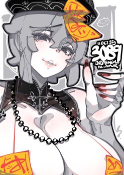 1girl absurdres artist_name bead_necklace beads border breasts commentary crossed_bangs double-parted_bangs english_commentary fingernails grey_background grey_eyes grey_hair hair_between_eyes hand_up handjob_gesture hat highres jewelry jiangshi_costume jrpencil large_breasts looking_at_viewer necklace ofuda ofuda_on_head ofuda_on_nipples open_mouth original outside_border pasties qingdai_guanmao raised_eyebrow red_nails short_hair smile solo upper_body white_border