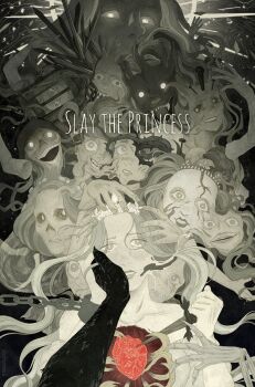 Rule 34 | birdcage, cage, chain, commentary, copyright name, cuffs, dagger, exposed heart, extra faces, fangs, giant, giantess, glowing, glowing eyes, greyscale, hand on another's face, heart (organ), highres, holding, holding dagger, holding knife, holding weapon, knife, looking at viewer, monochrome, multiple persona, pov, princess, princess (slay the princess), riotbones, shackles, sharp teeth, skeletal face, slay the princess, teeth, the hero (slay the princess), thorns, tiara, untranslatable commentary, weapon, wide mouth