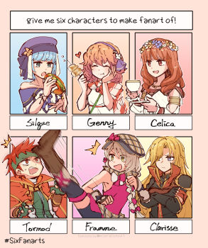 1boy 5girls :d alonemistrist armlet armor bare_shoulders black_gloves black_shorts blonde_hair blue_hair braid brown_footwear cape celica_(fire_emblem) celica_(valentine)_(fire_emblem) character_name clarisse_(fire_emblem) closed_mouth crossed_arms cup dress fingerless_gloves fire_emblem fire_emblem:_new_mystery_of_the_emblem fire_emblem:_radiant_dawn fire_emblem_echoes:_shadows_of_valentia fire_emblem_engage fire_emblem_heroes flower food framme_(fire_emblem) genny_(fire_emblem) genny_(picnic)_(fire_emblem) gloves green_gloves green_headband grey_eyes grey_hair hair_flower hair_ornament hair_over_one_eye hat headband heart high_kick highres holding holding_cup holding_food holding_plate holding_sandwich holding_skewer jewelry kicking long_hair looking_at_another multiple_drawing_challenge multiple_girls nintendo official_alternate_costume open_mouth orange_eyes orange_hair pink_shirt plaid_clothes plaid_headwear plate sandwich shirt short_hair shorts shoulder_armor silque_(fire_emblem) silque_(valentine)_(fire_emblem) single_braid six_fanarts_challenge skewer sleeveless sleeveless_dress sleeveless_shirt smile teacup tormod_(fire_emblem) very_long_hair white_dress yellow_eyes