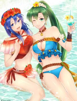 2girls alternate_costume asymmetrical_bangs bare_shoulders beach bikini blue_bikini blue_eyes blue_hair breasts cleavage cleavage_cutout clenched_hand clothing_cutout cup drink drinking_glass drinking_straw earrings eyebrows_hidden_by_hair eyes_visible_through_hair female_focus fire_emblem fire_emblem:_the_binding_blade fire_emblem:_the_blazing_blade fire_emblem_heroes flower from_above green_eyes green_hair hair_between_eyes hair_flower hair_ornament hand_up head_wreath high_ponytail holding holding_cup holding_drink jewelry large_breasts lilina_(fire_emblem) lilina_(summer)_(fire_emblem) long_hair looking_at_viewer looking_up lyn_(fire_emblem) lyn_(lady_of_the_beach)_(fire_emblem) matching_hair/eyes medium_breasts midriff mother_and_daughter multiple_girls navel neck necklace nintendo official_alternate_costume one_eye_closed ponytail red_bikini red_flower rope_belt sitting smile strapless strapless_bikini swimsuit taiga_kazame twitter_username very_long_hair water wet wet_hair white_flower wink yellow_flower