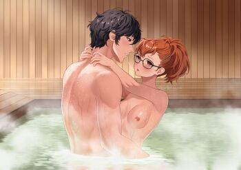 Rule 34 | 1boy, 1girl, after kiss, amamiya ren, arms around neck, black-framed eyewear, breasts, breasts apart, commentary, commission, commissioner upload, crossover, english commentary, exposed muscle, glasses, grey eyes, hetero, highres, hug, looking at another, medium breasts, muscular, muscular male, nipples, non-web source, onsen, parted lips, persona, persona 3, persona 3 portable, persona 5, ponytail, profile, red eyes, saliva, saliva trail, shared bathing, shiomi kotone, steam, upper body, variant set, wading, wet, yura s arts