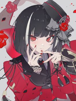 Rule 34 | 1boy, @ @, absurdres, black choker, black hair, black hat, blunt bangs, blunt ends, chinese commentary, chinese knot, choker, closed mouth, commentary request, eyeliner, fishnet sleeves, fishnets, flower, flower knot, grey hair, hand on own face, hand up, hat, highres, kyogoku masamune, layered sleeves, long sleeves, looking at viewer, makeup, multicolored hair, qingshi380, red eyeliner, red eyes, red flower, red nails, red rose, rose, short hair, sleeve cuffs, solo, streaked hair, touken ranbu, trap, upper body, v