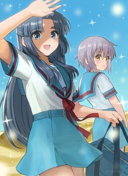 Rule 34 | 2girls, :d, absurdres, asakura ryoko, blue eyes, blue hair, blue sailor collar, blue skirt, blue sky, breasts, day, forehead, glasses, half updo, hand up, highres, ishiyuki, kita high school uniform, long hair, multiple girls, nagato yuki, nagato yuki-chan no shoushitsu, open mouth, outdoors, parted bangs, purple hair, red ribbon, revision, ribbon, sailor collar, school uniform, serafuku, short hair, short sleeves, skirt, sky, smile, sparkle, summer uniform, suzumiya haruhi no shoushitsu, suzumiya haruhi no yuuutsu, tongue