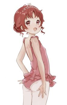 1girl :d \||/ absurdres arms_at_sides athletic_leotard back_muscles ballet_dress braid bun_with_braided_base butt_crack choppy_bangs cowboy_shot dot_nose dress frilled_dress frills from_behind gochuumon_wa_usagi_desu_ka? hair_bun highres leotard lone_nape_hair looking_at_viewer looking_back lower_lip_only median_furrow natsu_megumi open_mouth parted_bangs pink_dress pink_lips red_eyes short_hair sidelocks simple_background smile solo standing suzume_tsumugi wavy_sidelocks white_background white_tiara