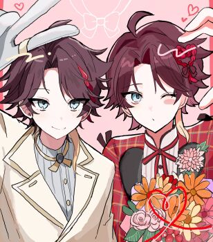 Rule 34 | 1boy, ahoge, alternate costume, arm up, blue eyes, blush stickers, bouquet, braid, brooch, brown hair, brown jacket, closed mouth, commentary, flower, flower brooch, gloves, half-heart hands, heart, highres, jacket, jewelry, looking at viewer, multicolored hair, multiple views, nijisanji, one eye closed, open clothes, open jacket, orange flower, parted bangs, pink flower, plaid clothes, plaid jacket, red jacket, saegusa akina, side braid, single blush sticker, sinoda1440, smile, streaked hair, upper body, v, virtual youtuber, white gloves, yellow flower