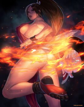 1girl ass bare_arms bare_shoulders black_footwear breasts brown_eyes brown_hair cleavage commentary covered_erect_nipples curvy english_commentary fatal_fury female_focus fire from_behind hand_fan high_ponytail hip_focus huge_ass japanese_clothes large_breasts long_hair looking_back ninja parted_lips pelvic_curtain ponytail pyrokinesis rejean_dubois revealing_clothes shiranui_mai sideboob snk solo standing the_king_of_fighters thick_thighs thighs thong wide_hips