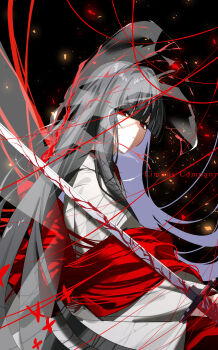 1girl black_background black_hair bridal_veil closed_mouth copyright_name english_text highres japanese_clothes katana kbtur kimono limbus_company long_hair long_sleeves looking_at_viewer project_moon red_eyes ryoshu_(project_moon) see-through_clothes shiromuku simple_background solo string string_of_fate sword uchikake veil wataboushi weapon white_kimono