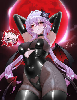 1girl absurdres armpits arms_behind_head black_leotard black_pantyhose breasts cowboy_shot demon_wings eidis_scarlet evernight_(honkai:_star_rail) full_moon highres honkai:_star_rail honkai_(series) leotard march_7th_(honkai:_star_rail) medium_breasts moon pantyhose purple_eyes red_moon revealing_clothes solo wings