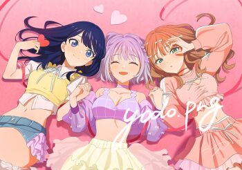 3girls gridman_universe highres holding_hands looking_at_viewer lying minami_yume multiple_girls nakamura_mayumi navel on_back open_mouth purple_hair shinjou_akane smile ssss.dynazenon ssss.gridman takarada_rikka