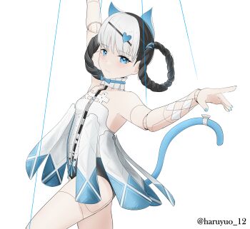 1girl absurdres animal_ears aurilia_(user_8748) bambinata:_vitrum_(pgr) bambinata_(pgr) black_hair blue_tail braid braided_hair_rings cat_ears cat_tail choker doll_joints fake_animal_ears hair_ornament hair_rings heart heart-shaped_pupils heart_hair_ornament highres joints mechabare multicolored_hair punishing:_gray_raven puppet_strings solo symbol-shaped_pupils tail twitter_username two-tone_hair white_background white_choker white_hair