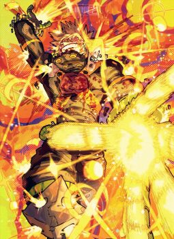 1boy bakugou_katsuki blonde_hair boku_no_hero_academia cowboy_shot explosion highres male_focus short_hair solo spiked_hair taku_(aywakutakuay)