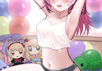 1girl :d armpits arms_up balloon black_hair black_shorts black_skirt blue_eyes blue_skirt blush bow bowtie breasts camila_(vtuber) character_doll collarbone commentary crop_top demon_horns doll evil_neuro-sama eyes_out_of_frame facial_mark fang fumo_(doll) hair_ribbon head_out_of_frame heart_balloon highres horns indie_virtual_youtuber kakujin long_hair multicolored_hair navel neuro-sama open_mouth pink_bow pink_bowtie pink_hair purple_bow red_bow red_bowtie red_eyes red_ribbon ribbon see-through_silhouette shorts sideboob skirt smile stomach streaked_hair stuffed_turtle symbol-only_commentary tank_top triangle triangle_facial_mark turtle two_side_up v-shaped_eyebrows vedal987 vedal_ai white_hair white_tank_top