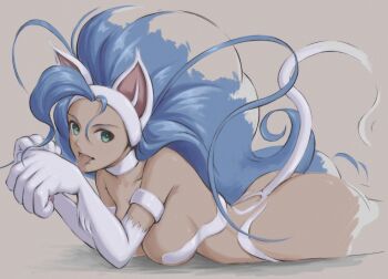 1girl absurdres animal_ears animal_hands ass blue_hair breasts brown_background cat_ears cat_girl cat_tail commentary commentary_request darkstalkers felicia_(darkstalkers) green_eyes highres large_breasts licking_self lying muted_color on_stomach simple_background solo tail tyanoki