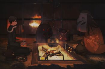 Rule 34 | 1boy, animal, animal around neck, bird, bishounen, black hair, black pants, bowl, chinikuniku, commentary request, cooking, cup, eating, food, gakuran, haori, highres, holding, indoors, irori (hearth), japanese clothes, jizaikagi, kimono, long hair, long sleeves, male focus, mask, onigiri, original, pants, pot, profile, red eyes, school uniform, seiza, sitting, snake, steam, swallow (bird), tatami, tea, traditional youkai, warming hands, white snake, wood, yunomi